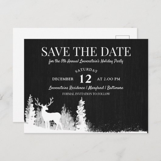 ホワイトスタッグクリスマスホリデーパーティー日付を保存 案内ポストカード (正面/裏面)