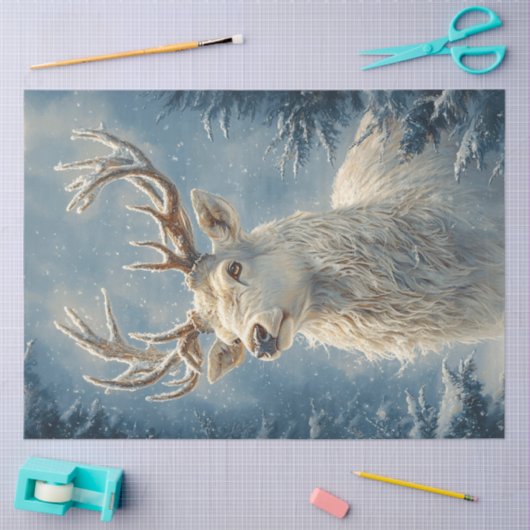 ホワイトスタッグポートレート神秘的な冬のアートデクページ 薄葉紙 (クラフト)