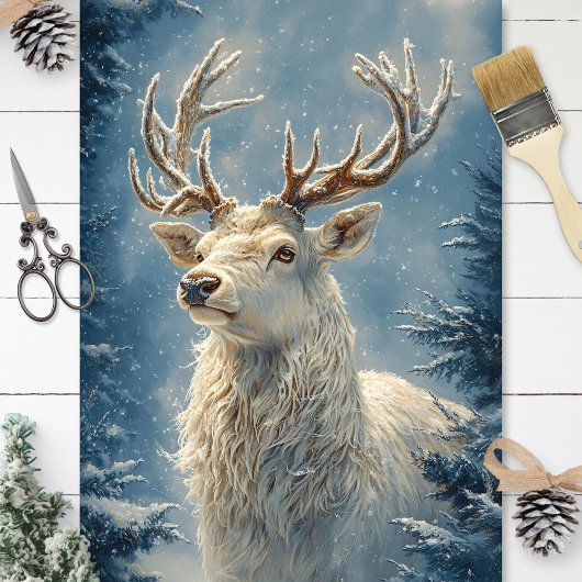 ホワイトスタッグポートレート神秘的な冬のアートデクページ 薄葉紙