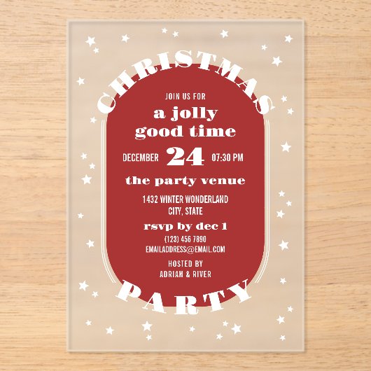 ホワイトスターズ赤と曇りクリスマスパーティー アクリル招待状 (正面)