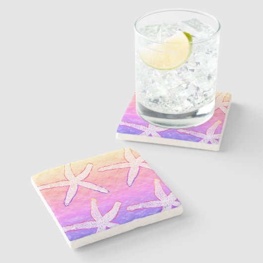 ホワイトスターフィッシュパターン ゴールド箔 ピンク かわいい ストーンコースター (横)