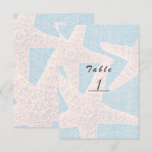 ホワイトスターフィッシュ＆ブルーの Burlap ビーチテーブルナンバー 招待状 (正面/裏面)