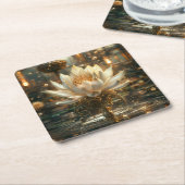 ホワイトスチームパンクロータスデジタルアート スクエアペーパーコースター (アングル)