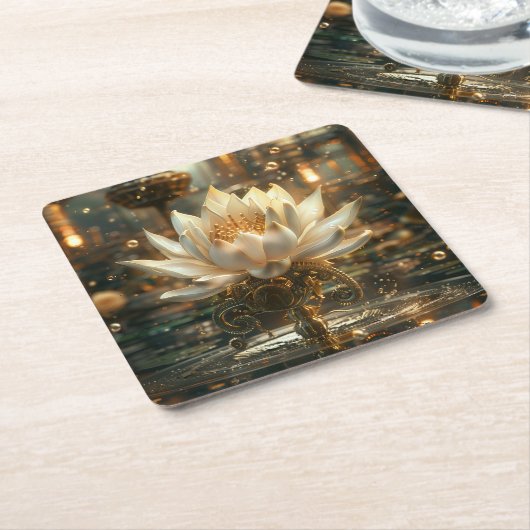 ホワイトスチームパンクロータスデジタルアート スクエアペーパーコースター (アングル)