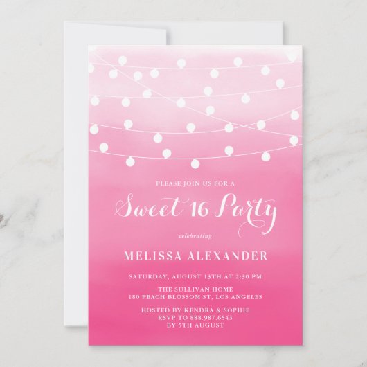 ホワイトストリングライトピンクグラデーションスウィート16パーティー 招待状 (正面)