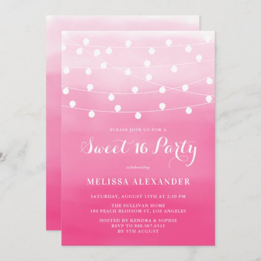 ホワイトストリングライトピンクグラデーションスウィート16パーティー 招待状 (正面/裏面)