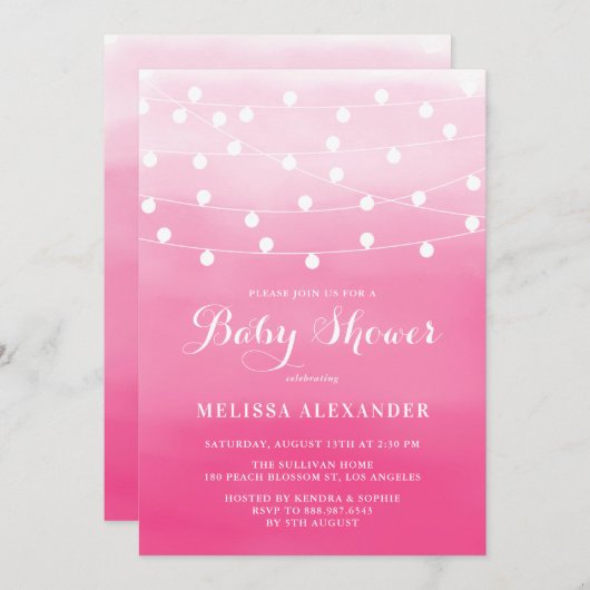 ホワイトストリングライトピンクグラデーションベビーシャワー 招待状 (正面/裏面)
