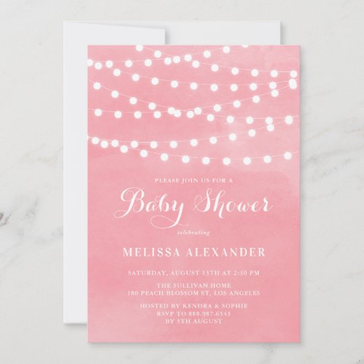 ホワイトストリングライトピンク水彩赤ちゃんシャワー 招待状 (正面)