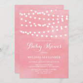ホワイトストリングライトピンク水彩赤ちゃんシャワー 招待状 (正面/裏面)