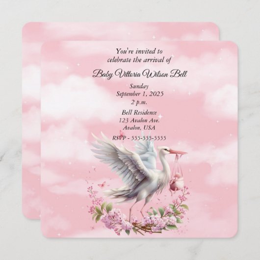 ホワイトストークピンクベビーガール 招待状 (正面/裏面)