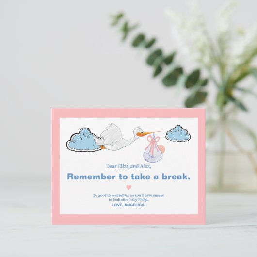 ホワイトストーク&ベビーイラストレーションベビーシャワーアドバイス ポストカード (スタンド正面)