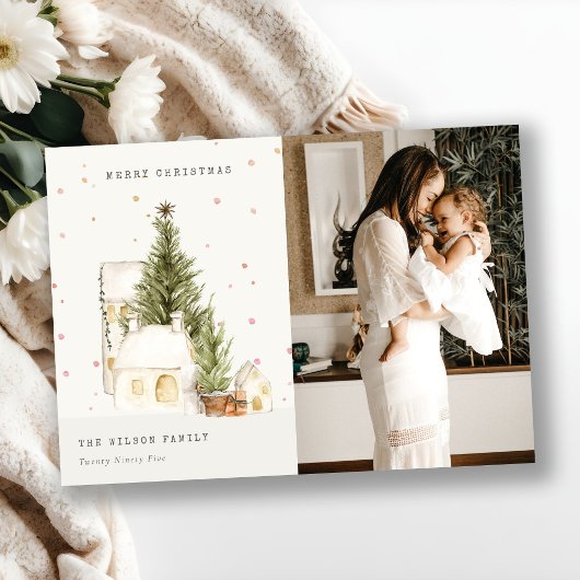 ホワイトスノーツリーハウスフォトクリスマスグリーティング シーズンカード