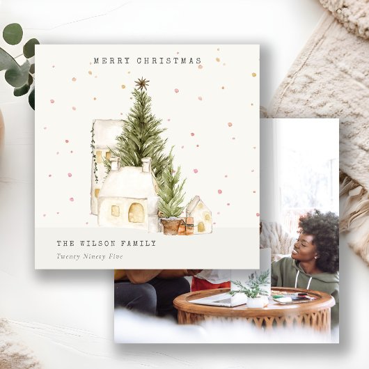 ホワイトスノーツリーハウスフォトクリスマスグリーティング シーズンカード