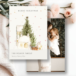 ホワイトスノーツリーハウスフォトクリスマスグリーティング シーズンカード