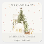 ホワイトスノーフォールツリーハウスクリスマスアドレス スクエアシール (正面)