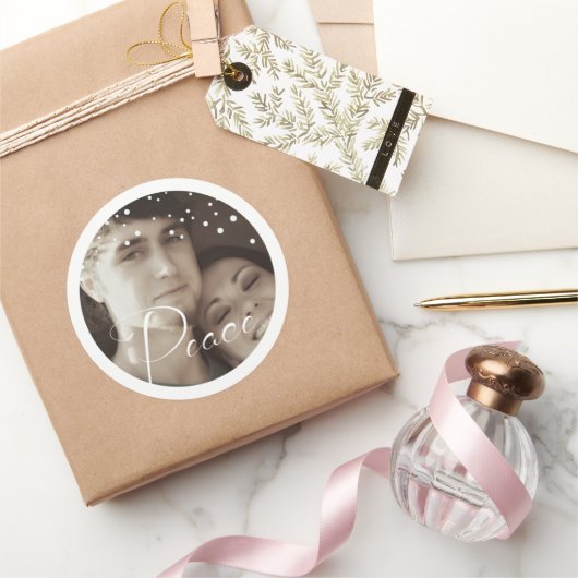 ホワイトスノーフレークあなたの写真ピースホリデークリスマス ラウンドシール (ギフト)