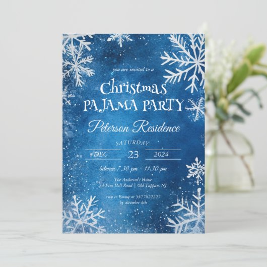 ホワイトスノーフレークとブルークリスマスパジャマパーティー 招待状 (スタンド正面)