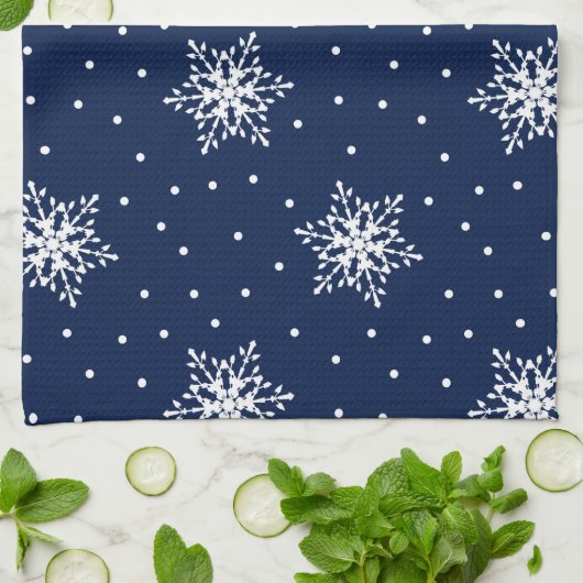 ホワイトスノーフレークと水玉模様 キッチンタオル (折り畳み)