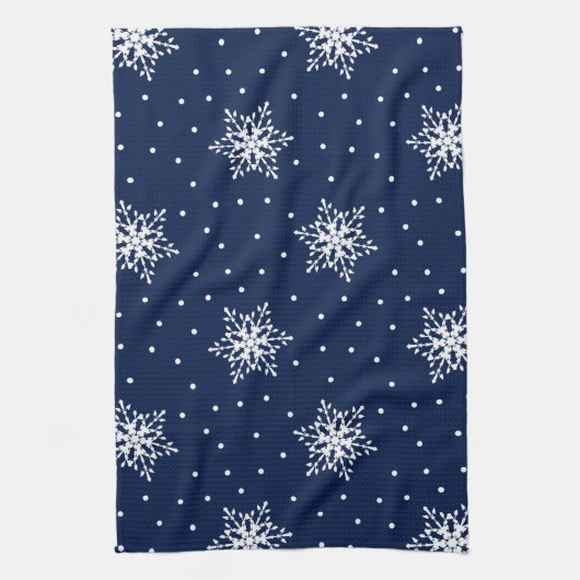 ホワイトスノーフレークと水玉模様 キッチンタオル (縦)