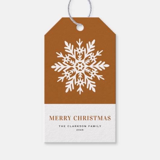 ホワイトスノーフレークと焦茶色のクリスマス ギフトタグ (正面)