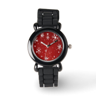 ホワイトスノーフレークと赤のバックグランドウォッチ 腕時計
