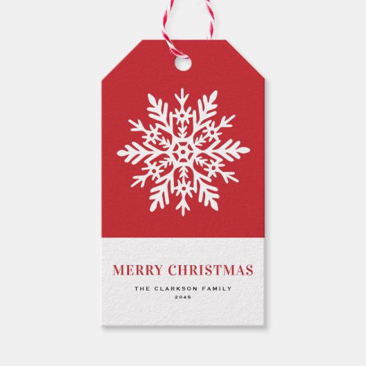 ホワイトスノーフレークのレッドクリスマス ギフトタグ (正面)