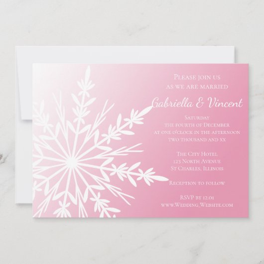 ホワイトスノーフレークオンピンクウィンターウェディング招待状 招待状 (正面)