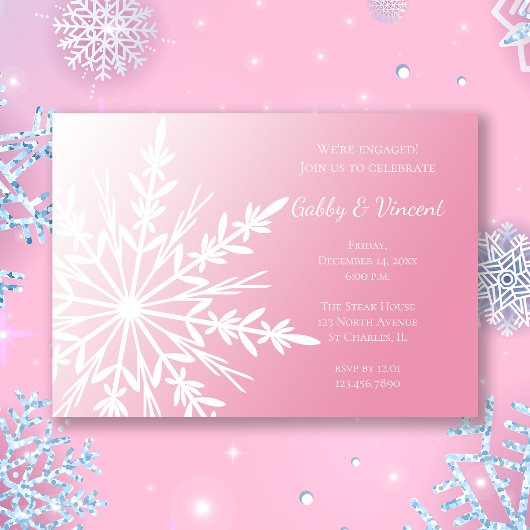 ホワイトスノーフレークオンピンクウィンター婚約パーティ 招待状