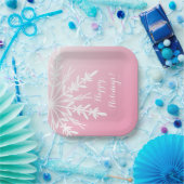 ホワイトスノーフレークオンピンクハッピーホリデーズ ペーパープレート (パーティー)