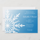 ホワイトスノーフレークオンブルーウィンター婚約パーティ 招待状 (正面)
