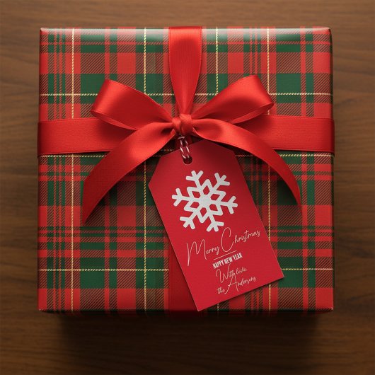 ホワイトスノーフレークオンレッドホリデークリスマスニューイヤー ギフトタグ