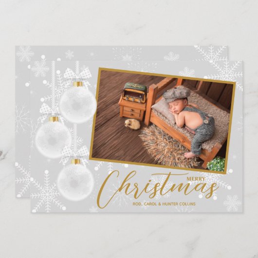 ホワイトスノーフレークオーナメントクリスマスフォト シーズンカード (正面/裏面)