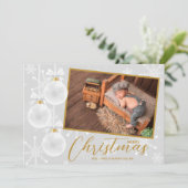 ホワイトスノーフレークオーナメントクリスマスフォト シーズンカード (スタンド正面)