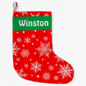 ホワイトスノーフレークカスタムオンレッドストッキング スモールクリスマスストッキング (正面)