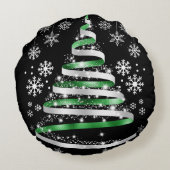 ホワイトスノーフレークシルバーグリーンリボンクリスマスツリー ラウンドクッション (裏面)