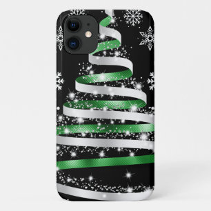 ホワイトスノーフレークシルバーグリーンリボンクリスマスツリー iPhone 11 ケース