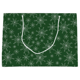 ホワイトスノーフレークスオングリーンホリデー ラージペーパーバッグ