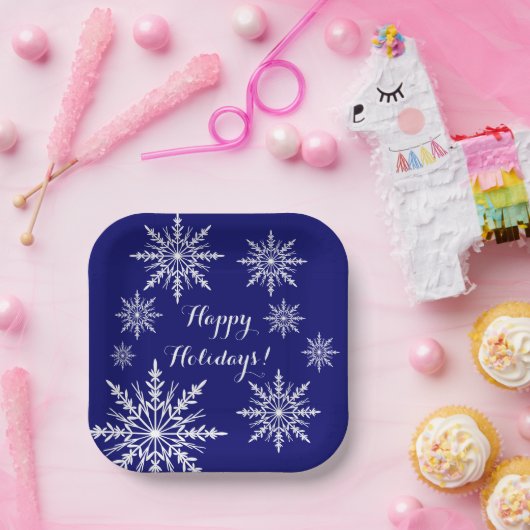 ホワイトスノーフレークスオンブルーハッピーホリデイズ ペーパープレート (パーティー)