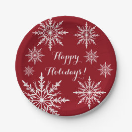 ホワイトスノーフレークスオンレッドハッピーホリデーズ ペーパープレート