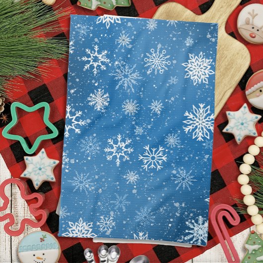 ホワイトスノーフレークスサファイアブルー キッチンタオル