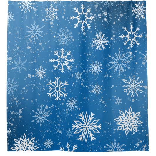 ホワイトスノーフレークスサファイアブルー シャワーカーテン (正面)