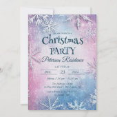 ホワイトスノーフレークスピンクとブルークリスマスパーティー 招待状 (正面)