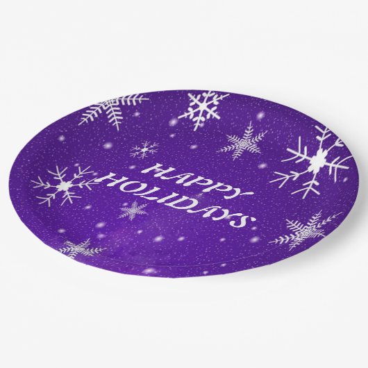 ホワイトスノーフレークスブルーパープルバックグリッド紙プレート ペーパープレート (アングル)