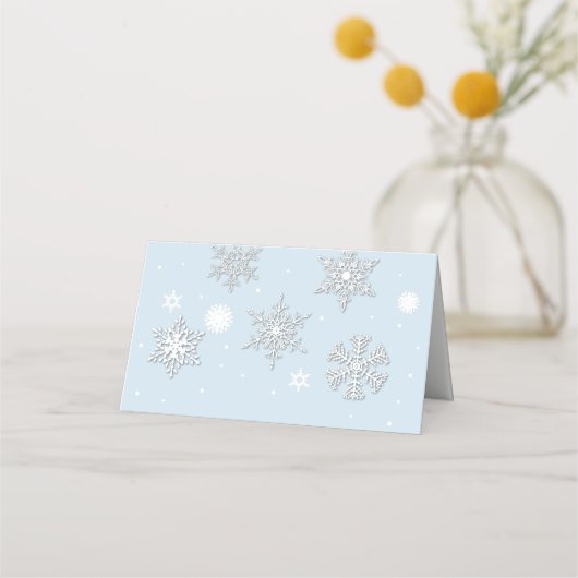 ホワイトスノーフレークスブルー結婚ズ折り畳み座席表 プレイスカード (裏面)