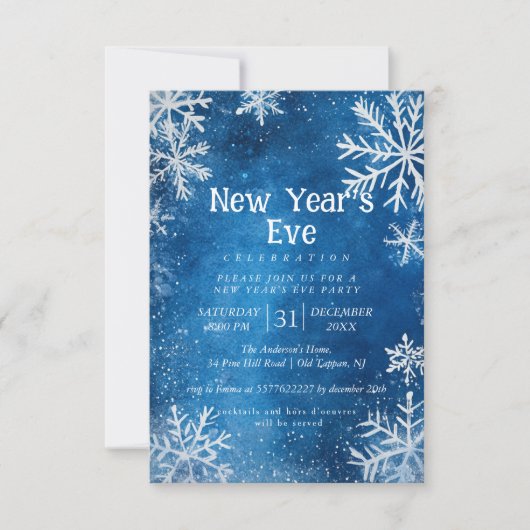 ホワイトスノーフレークスブルー1年大晦日パーティー 招待状 (正面)