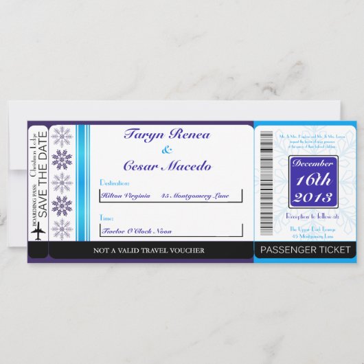 ホワイトスノーフレークスボーディングパス結婚式招待状 招待状 (正面)
