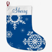 ホワイトスノーフレークブルークリスマスストッキング ラージクリスマスストッキング (正面)