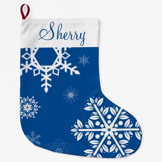 ホワイトスノーフレークブルークリスマスストッキング ラージクリスマスストッキング (正面)
