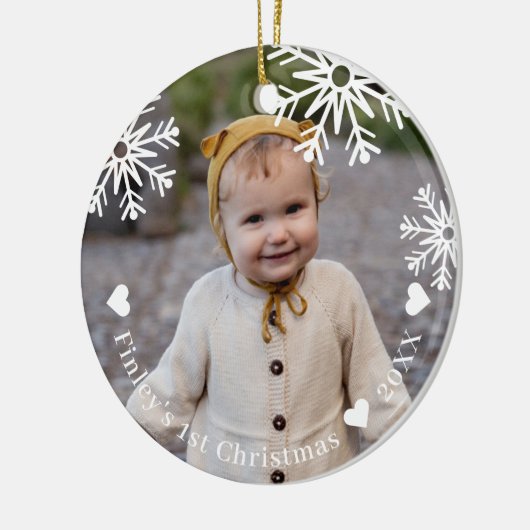 ホワイトスノーフレークベビーの初めてのクリスマス写真 セラミックオーナメント (左)