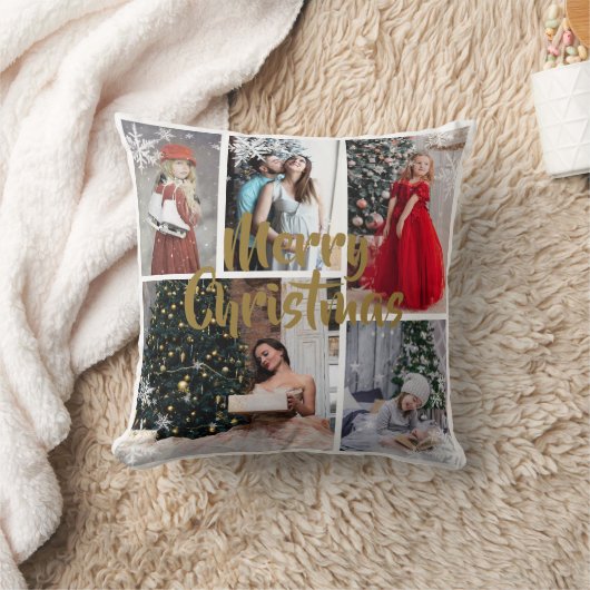 ホワイトスノーフレークメリー金ゴールドChristmaフォトコラージュ クッション (ブランケット)